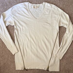 Michael Kors Off-White V-Neck Sweater with Gold Zippers